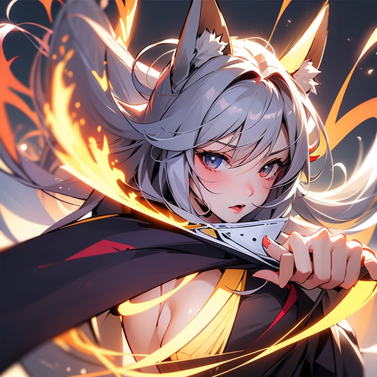One Girl, Fox Girl, Fox's Tail, Nine-Tailed Fox,Fox Ears, Black colored hair, Fox Makeup,One Girl, Kimono with open chest, Body size is 100-70-90!, Nice body, Avatar, face, Open chest, lewd face, Dominant representation, naughty face, Big Breasts, Emphasize cleavage,Show bare skin, Skin is visible, With legs apart, Show off your thighs, With legs apart, A beautifully patterned kimono, I can see her cleavage, Muscular, Uplifting, Abdominal muscles, Exposed skin, Long Hair, Skin Texture, Soft breasts, Large Breasts, Grassy field, outside, Blue sky