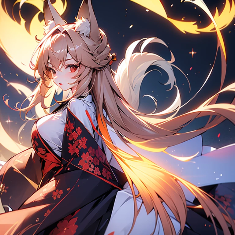 One Girl, Fox Girl, Fox's Tail, Nine-Tailed Fox,Fox Ears, Black colored hair, Fox Makeup,One Girl, Kimono with open chest, Body size is 100-70-90!, Nice body, Avatar, face, Open chest, lewd face, Dominant representation, naughty face, Big Breasts, Emphasize cleavage,Show bare skin, Skin is visible, With legs apart, Show off your thighs, With legs apart, A beautifully patterned kimono, I can see her cleavage, Muscular, Uplifting, Abdominal muscles, Exposed skin, Long Hair, Skin Texture, Soft breasts, Large Breasts, Grassy field, outside, Blue sky