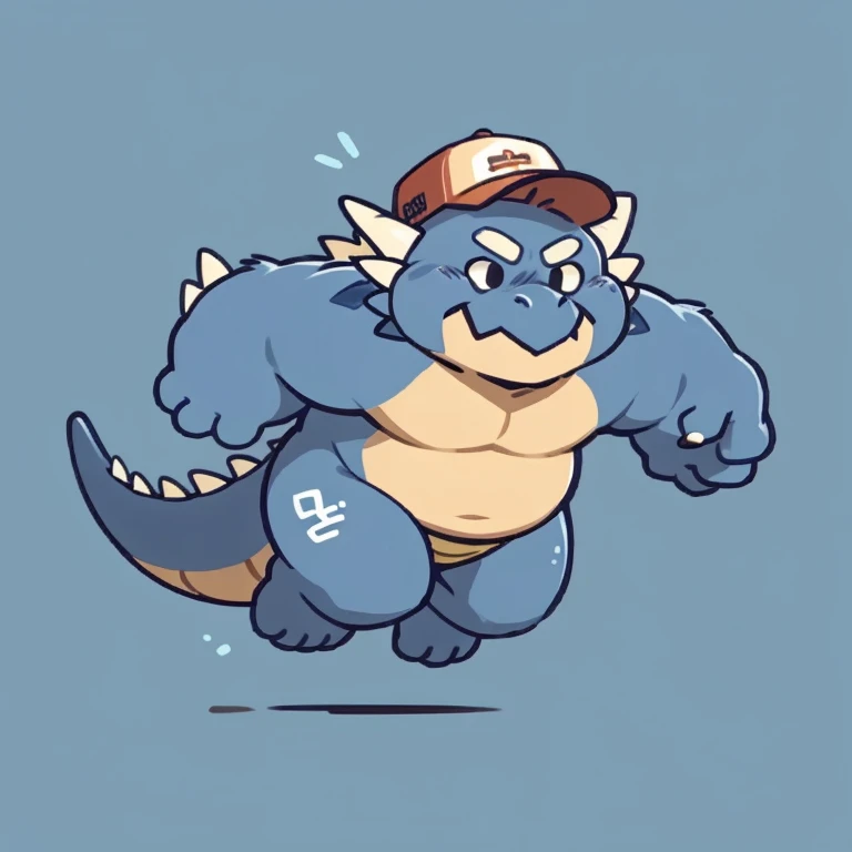 dragon face,Cute face,Humanity(dragon), (cap, running) , Chubby,(white eyebrows:1.1),(perfect black eyes),Simple background, Blue Background,print style。（Artist:Takemoto Arashi