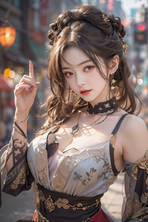 (masterpiece:1.3), (8k, Realistic, RAW Photos, Best image quality: 1.4), Japanese 、18-year-old,(Random Hairstyles:1.2)、Cleavage:1.2、Highly detailed face、Attention to detail、double eyelid、Chest to chest、Sharp focus:1.2、Beautiful woman:1.4、Light brown hair、highest quality、masterpiece、超A high resolution、(Realistic:1.4)、Highly detailed and professionally lit smiles、Loose fitting steampunk outfit、Shoulders out、thin、Serious expression、Holding a gorgeous necklace in her right hand, In the city、Eat dinner