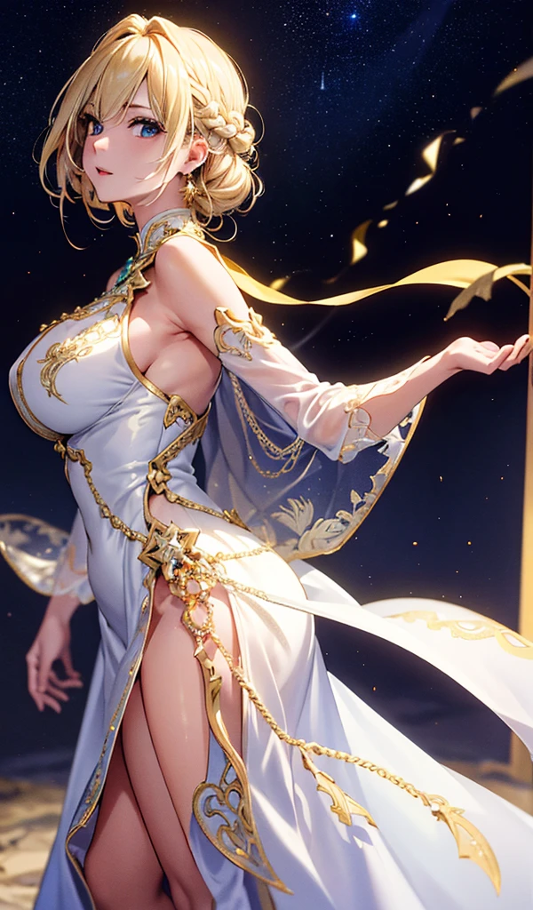 masterpiece, high quality, 4K, Beautiful design, silhouette，blonde， 非常に詳細な夜のStarry Sky,Glass Kingdom，Glass World，Glass Castle， wonderful, Finer details,  Very knowledgeable woman, Highly detailed solo, 1 female,Big Breasts， Pure white dress，Night view，Starry Sky，