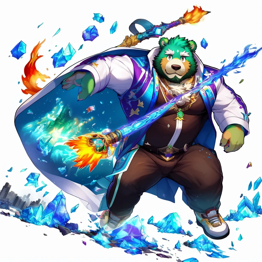 masterpiece, furry male, furry bear, green bear, gacha splash art, splash art, more_details:1.5, magic, destruction, floating rocks and earth, spells, flame, thunder, water, add_detail:1, rainbow color magic, elemental wizard, fantasy , attacking, (((white background))),jinpei, splash art, full body, Genshin Impact ,(white background:1.5), detailed background, use a magic staff, masterpiece, high quality, anime, detailed eyes, male jinpei, anthro, bear, Great physique, strong arms manly, in the Space, Walking in the city, Future city, landscape, Casual suit, (((green bear))), (((green fur))), green hair, beard, white eyebrows, bald, detailed red eyes, tall, (Rainbow Spark), Shimmering crystal flower, Joyful, (black t-shirt inside), (((white unhooded trench coat ))), black trousers, military shoes,