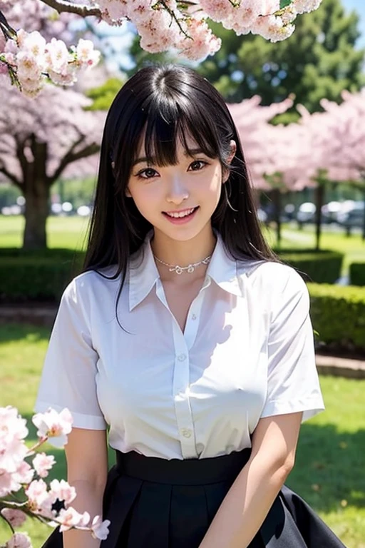 (SFW:1.8、masterpiece, highest quality),1 girl, alone, hyper Realistic, Realistic,Realistic, Looking at the audience, Bright black eyes:1.4,Mouth closed, whole body、Big breasts eye、eyelash、(((Beautiful and cute bangs:2、Big breasts eye、Long black hair、Glowing Skin:1.4、Looking at the audience、She is very 美しい and cute、Show me your ears、Beautiful long neck、smile、Please close your mouth and laugh、Bangs and beautiful teeth)))、Ideal body type、((school、Uniform beauty、Cherry blossom tree background))、Beautiful long neck:1.4、((Transparency、clear、Transparent beauty、Gloss))、whole body、black pleated skirt、Knee-length、White shirt、Black pumps、