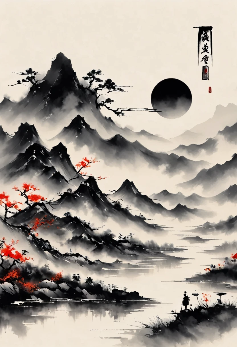 大量留white,white, white色背景, simple, Minimalism, abstract,Freehand,Aesthetic,黑与white,Ink Painting,antiquity,Mountain,People in the distance