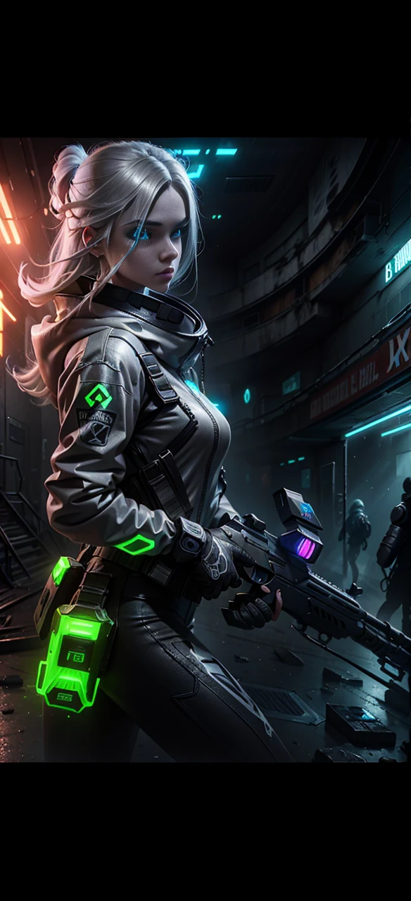 3D illustration(((Detailed))), A Russian girl in her early 20s with ash grey hair, Armed with the latest protective gear, The outline glows like a neon light, Running through a collapsing research facility in the dark, A dynamic appearance