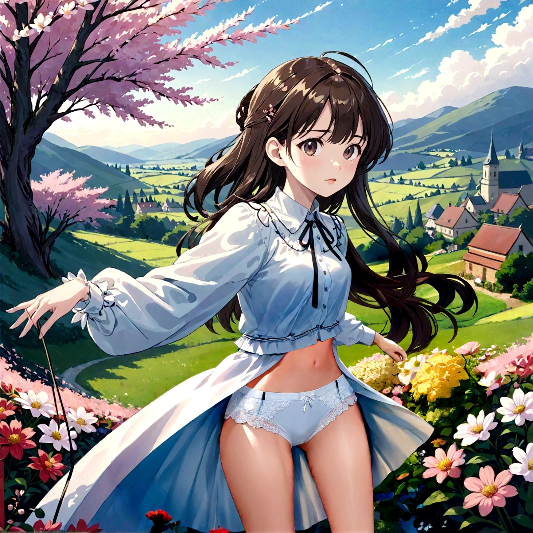 A skirt puffed up by the strong wind、、Skirt that is flipped、
裏地がI can see it　、White lining、I can see it、Anime White Panties、Crotch is visible



