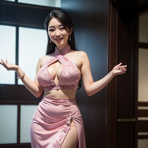 1 korea lady, wearing sexy kebaya, kebaya loose opened showing nude breasts, nipples and vagina.pink hijab, smiling, standing at ceremony, clapping hands, big breast, high slit skirt