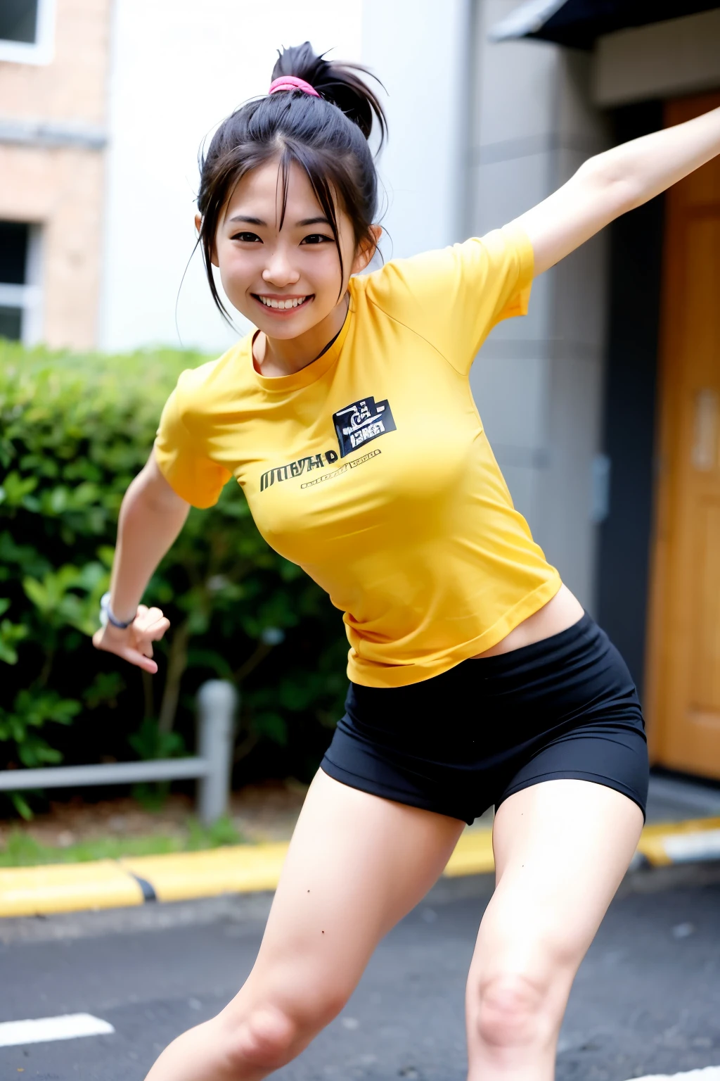 a healthy and sporty Japanese girl,her legs open,athletic slender body,anime style,action lines, detailed, trending on Instagram,smile,pose