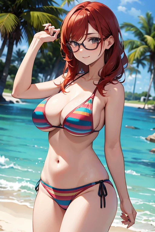 redhead, glasses, big breast, sexy pose, bikini rainbow stripes