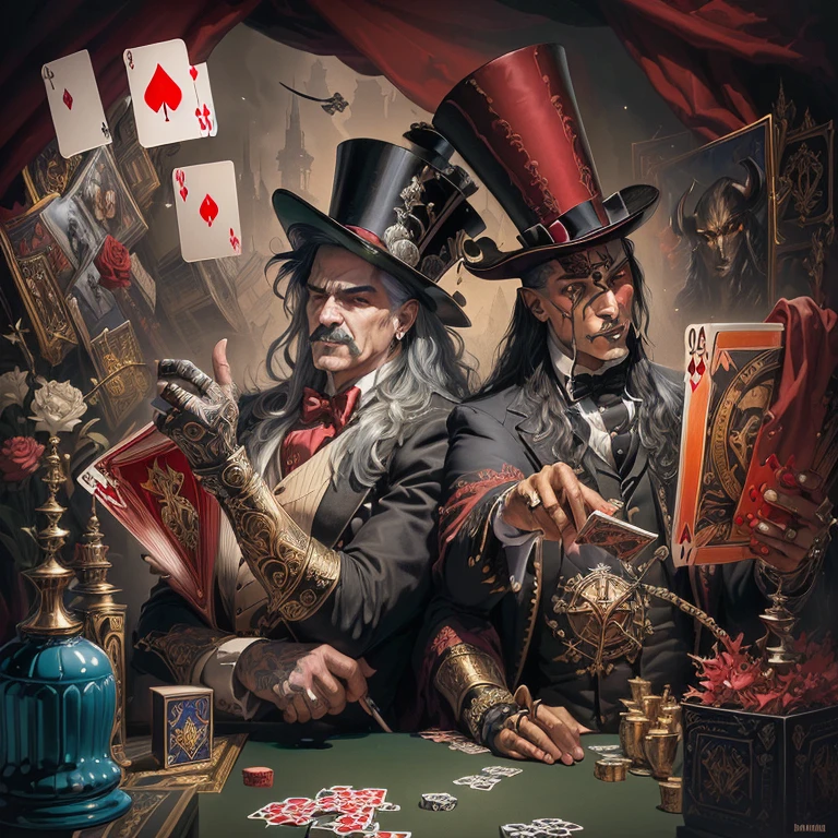 Painting of a man in a top hat and the devil, playing cards, piece of art, album art, detailed cover piece of art, album piece of art, card game illustration, official piece of art, Dave Arredondo, Wayne England, Board game cover, album, Epic fantasy art card game, satirical painting, "Pig, 1 9 8 0's heavy metal album art