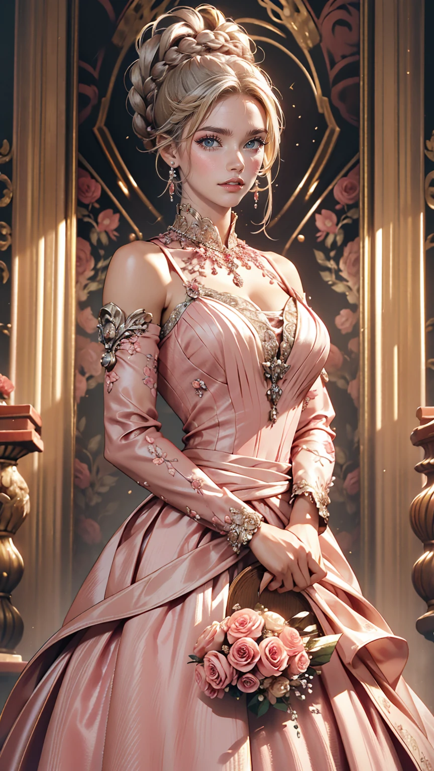woman, Severe, elegant, Pink Dress, Aristocratic, silver element, Long nails, Exposing shoulders, Hairstyle, Put your hair up, Braids and ponytails, Messy, arrogant, Absurd, Detailed dress, Royalty, celebration, Hall decorated with flowers, Cowboy Shot, Portraiture, (highest quality), (masterpiece), (Very detailed), (4K)