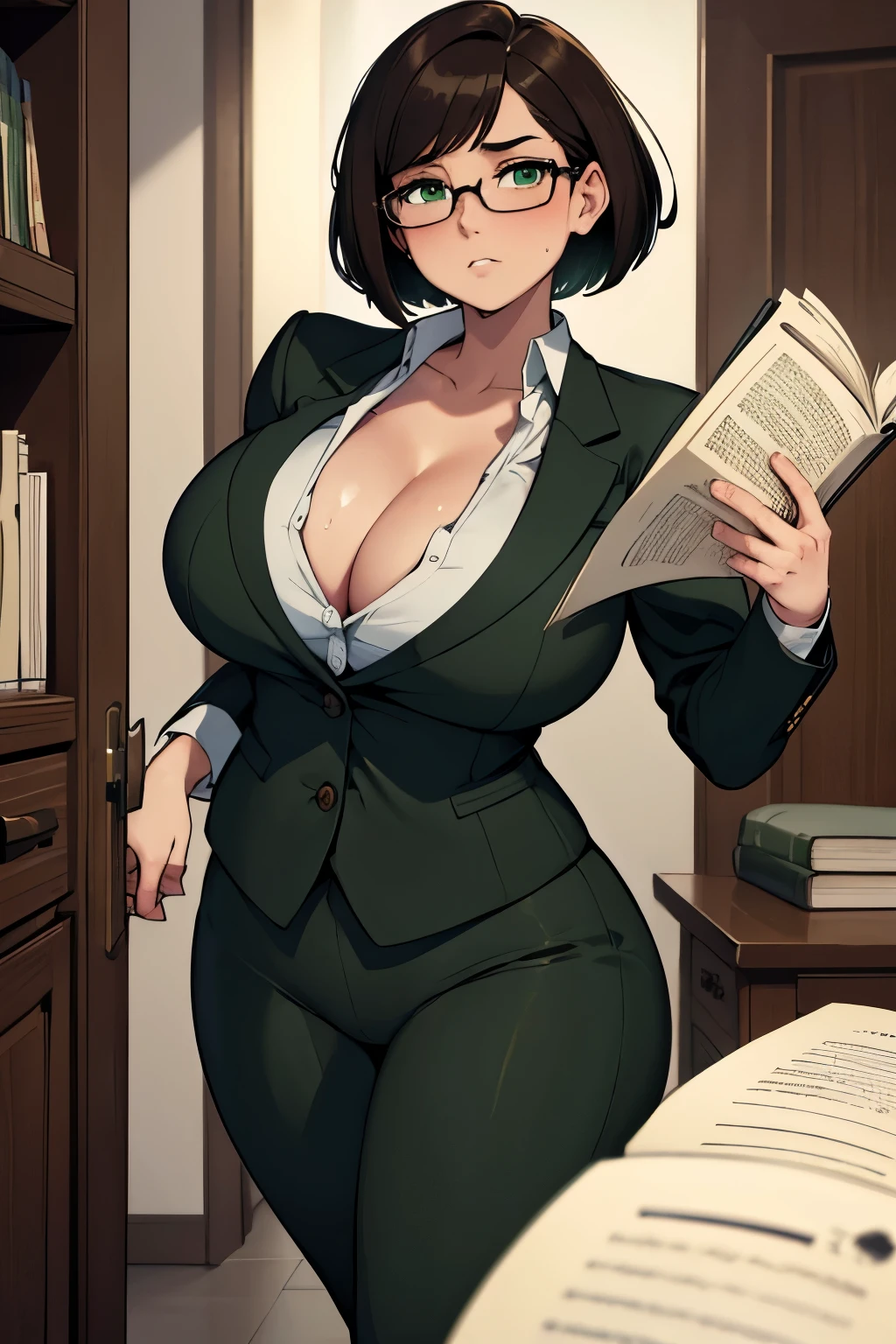 absurdres, high res, ultrasharp, 8K, masterpiece, 1girl, short hair, bob cut hairstyle, dark brown hair, dark green eyes, chubby, fat, curvy, secretary suit, business suit, formal look, huge , glasses, holding a book, shy, nervous, worried, scared, anxious, sweating