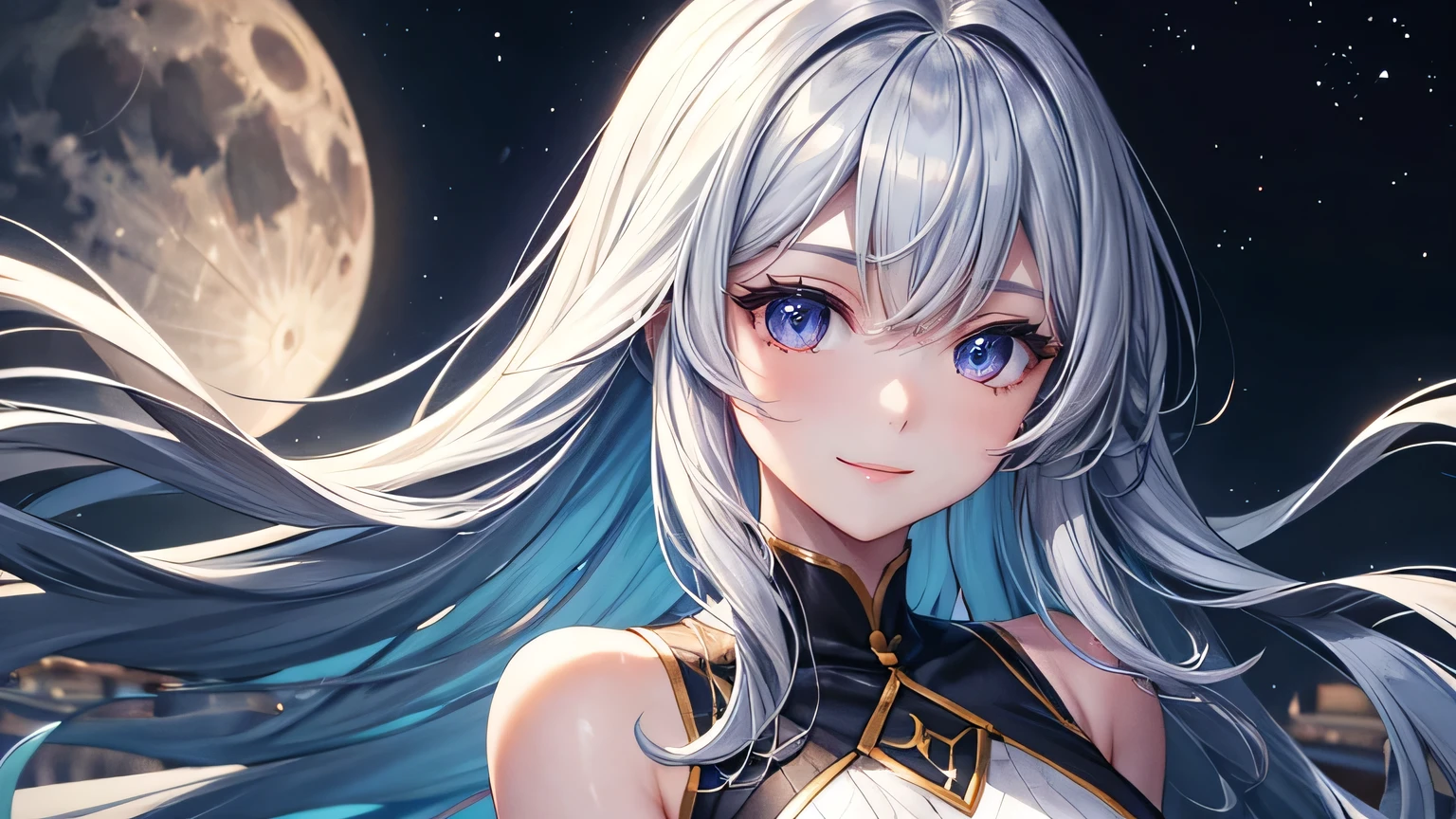 Beautiful woman 1.3, Beautiful straight long hair: 1.2, , Night Road: 1.2,moon light: 1.1, Ultra-high resolution, Accurate, Super detailed, Textured skin, High detail, highest quality, 8k,Thin bangs,Upper Body,Well-drawn eyes, Focus on the face,Tank top dress,Detailed hair depiction,Detailed depiction of eyes、Detailed depiction of hair、moon、Upper Body、smile