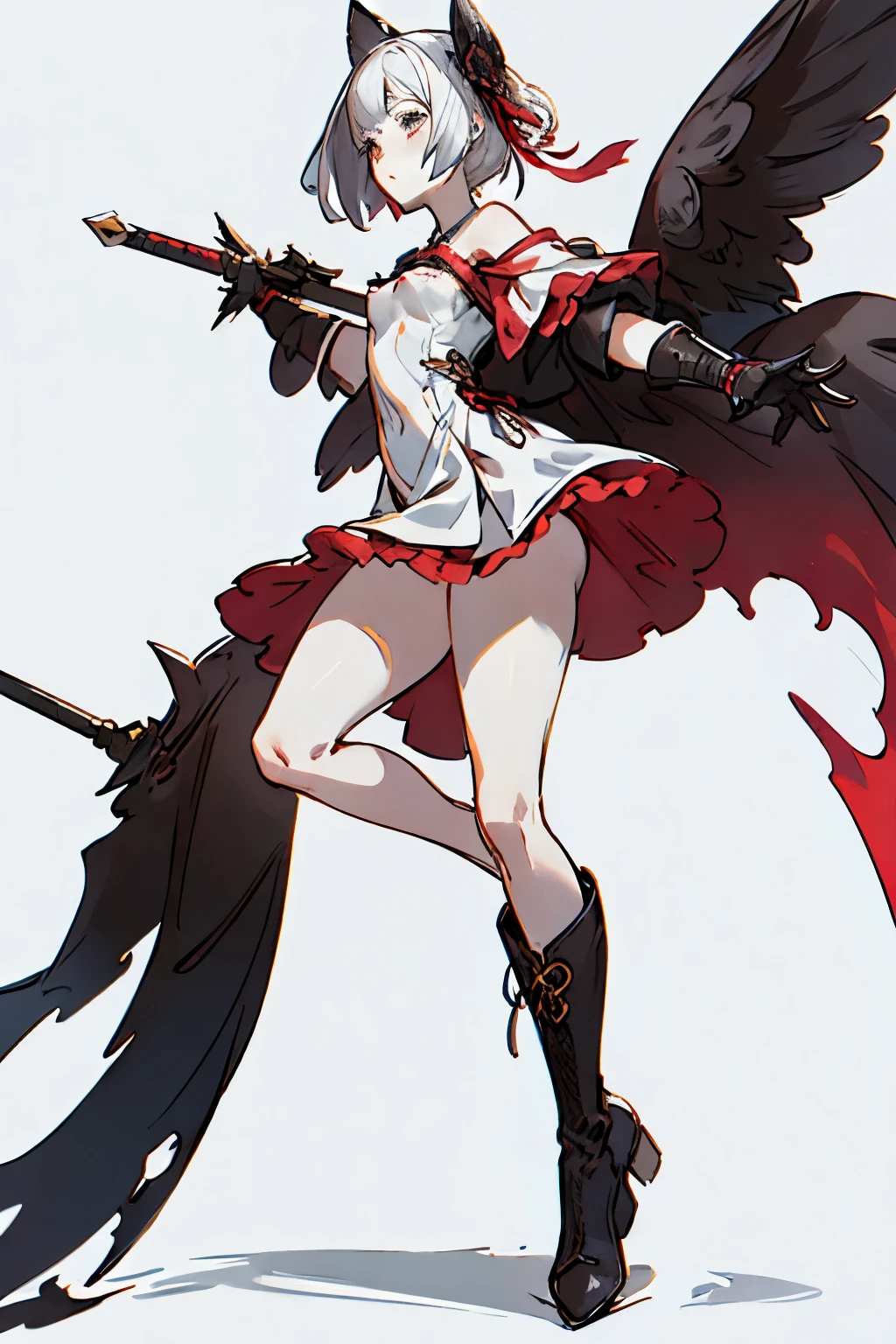 ((best quality)), ((masterpiece)), (detailed), 1girl, off-shoulder, blank white background, plain background, white background, red and white clothing, Bloodborne inspired,  occult aesthetic, occult, detailed and intricate steampunk and detailed gothic, NSFW, Very dramatic and cinematic lighting, cosmic horror, grim-dark, side-lighting, perfect face, NSFW, Fluttering lace flared long knee length dress with frilly petticoats, knee length dress, pleated petticoats, lolita dress, petticoats gothic lolita, complex lace boots, side-lighting, gothic lolita aesthetic, wielding a mighty sword with mechanical components, carbine, NSFW, beautiful small breasts, small breasts, full body, whole body, body, plain background, white background, blank background, no background, white background NSFW, full body, whole body, head-to-toe NSFW