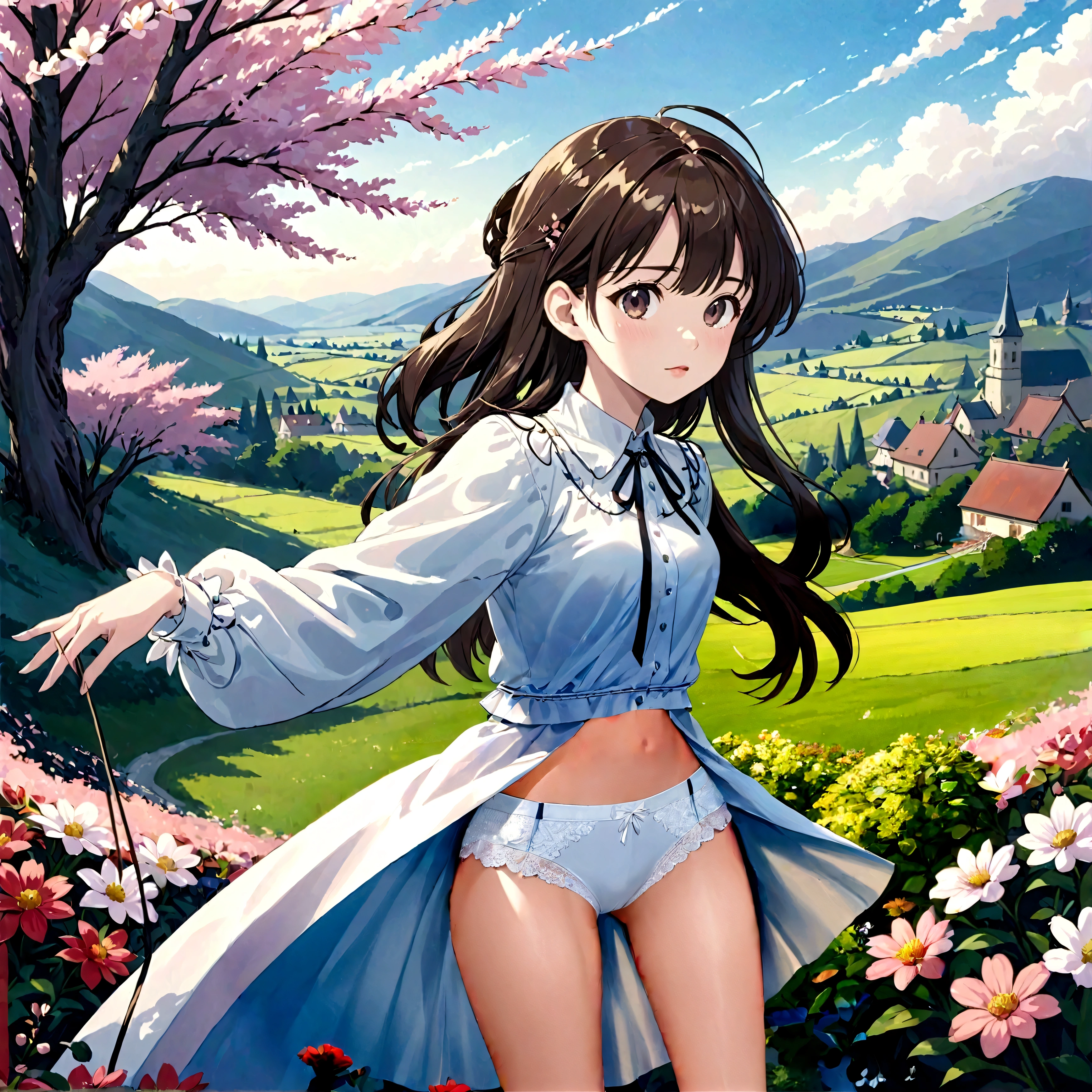 A skirt puffed up by the strong wind、、Skirt that is flipped、
裏地がI can see it 、White lining、I can see it、Anime White Panties、Crotch is visible