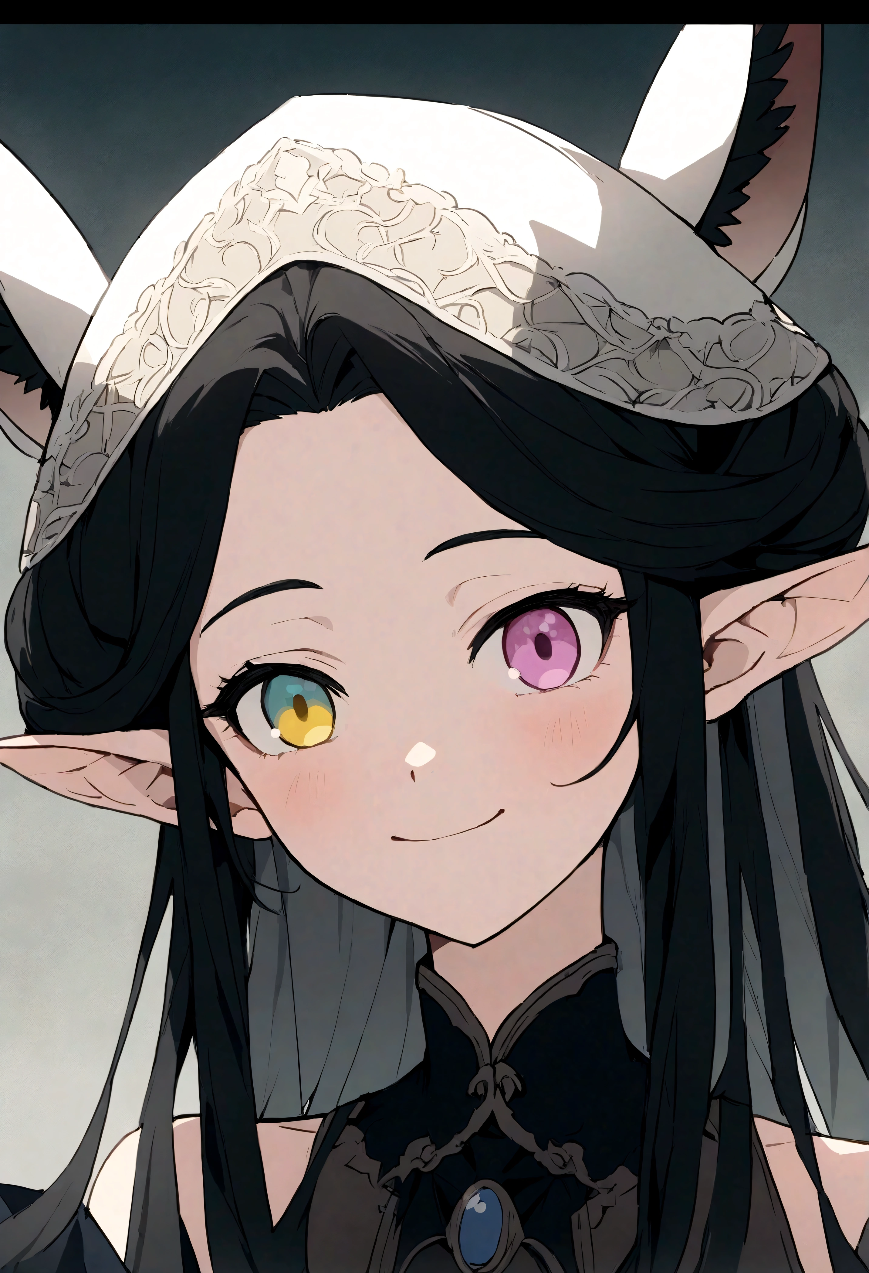 masterpiece, best quality, {best quality}, {{masterpiece}}, {High resolution}, focus, Anime style, Cartoon closeup of a lady, Girls Design, Second-rate, portrait, Gisha, Anime Character, long hair, Black Hair, Heterochromic Eyes, Hair covers the ears, Happy, Delicate and powerful appearance, Dissonance, High, freckle, Smile  