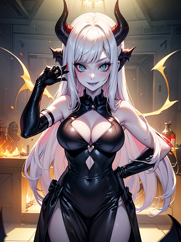 ((cute, innocent smile, shy)), succubify, (pale skin:1.3), demon horns, demon tail, demon wing (black lips:1.2), red hair, green eyes (" Ana de Armas", “kagney linn karter ").blend(0.1,1), (1girl), fire in the background, flames,