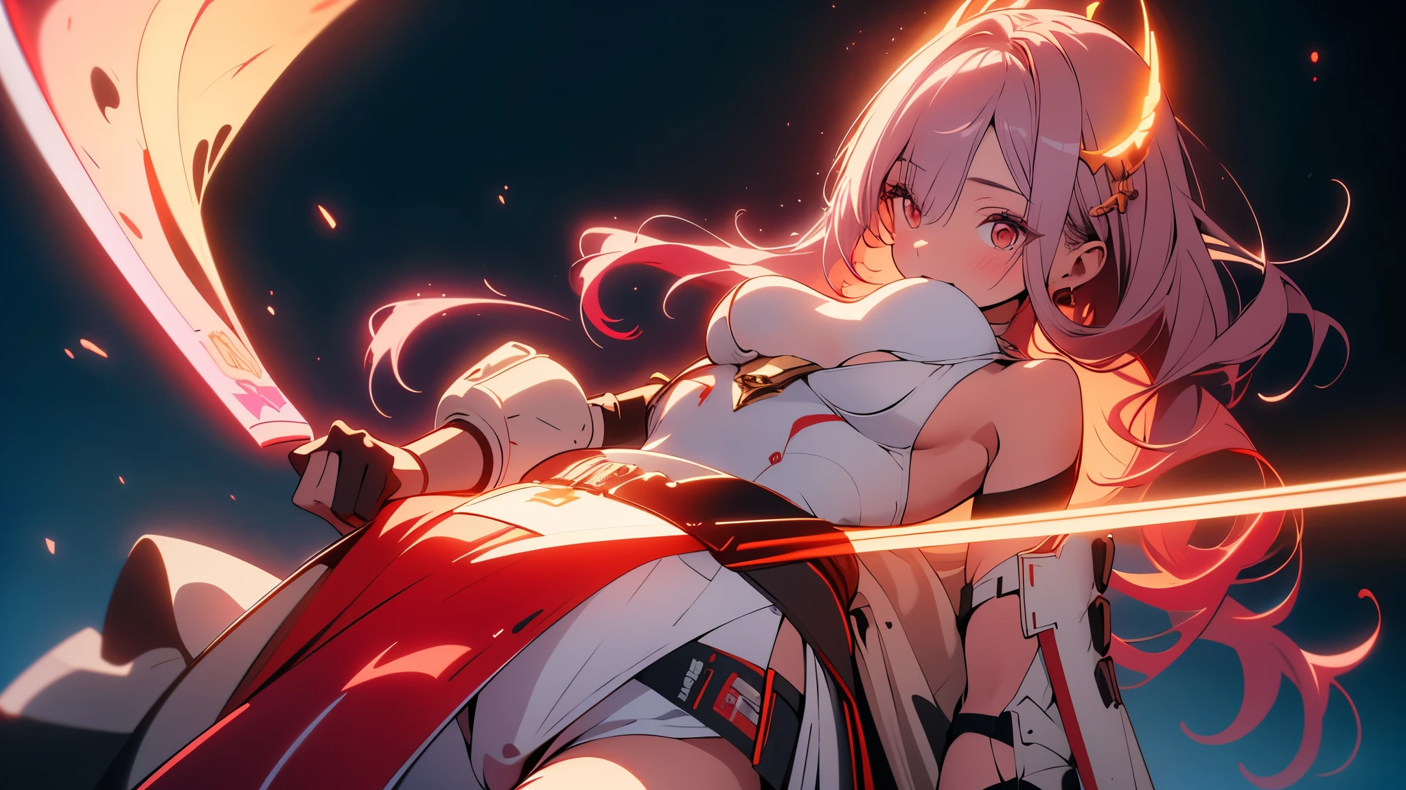 2 Samurai Girl , Twins ,Waist Long Light Violet Hair, Red Eyes, white leotard, white pants, bare shoulders, overskirt, hip vent, hat, kasa , scarletg, bodysuit, headpiece, half-skirt, belt, asymmetrical legwear, sheath, Battlefield, Mech, Robot, Debris, ((Best quality)), ((masterpiece)), 3D, HDR (High Dynamic Range),Ray Tracing, NVIDIA RTX, Super-Resolution, Unreal 5,Subsurface scattering, PBR Texturing, Post-processing, Anisotropic Filtering, Depth-of-field, Maximum clarity and sharpness, Multi-layered textures, Albedo and Specular maps, Surface shading, Accurate simulation of light-material interaction, Perfect proportions, Octane Render, Two-tone lighting, Wide aperture, Low ISO, White balance, Rule of thirds,8K RAW, Aura, masterpiece, best quality, Mysterious expression, magical effects like sparkles or energy, flowing robes or enchanting attire, mechanic creatures or mystical background, rim lighting, side lighting, cinematic light, ultra high res, 8k uhd, film grain, best shadow, delicate, RAW, light particles, detailed skin texture, detailed cloth texture, beautiful face, (masterpiece), best quality, expressive eyes, perfect face,nikkeredhood,hair over one eye,marian,Scarlet (nikke),hellsparadise style,fuyumi