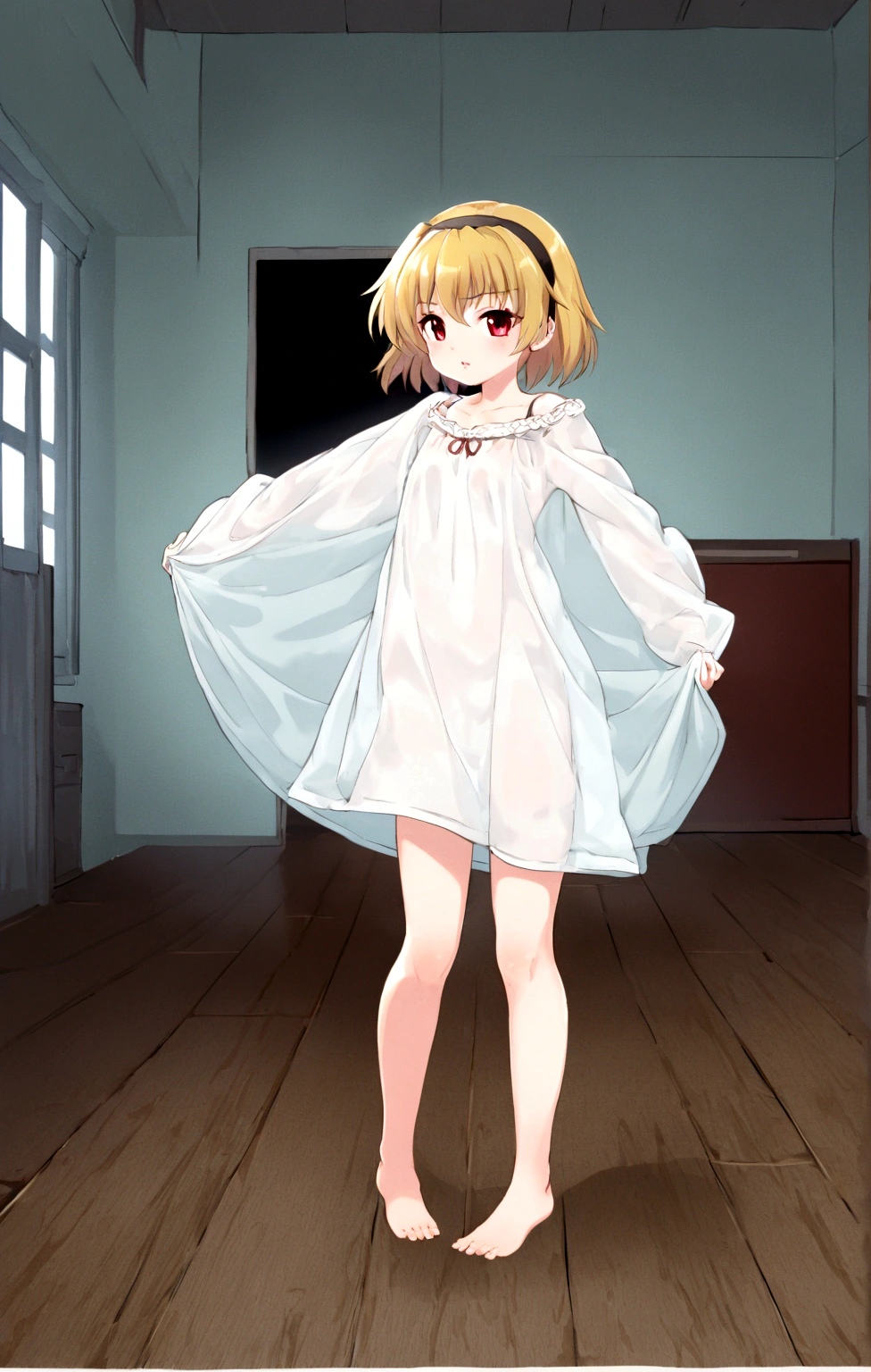 (houjou satoko), 1girl, (blonde hair), red eyes, short hair, hairband, small breasts,11 years old, solo, shirt, dress, standing, full body, barefoot, indoors, feet, lips, see-throughの袖, wooden floor, oversized clothes, 