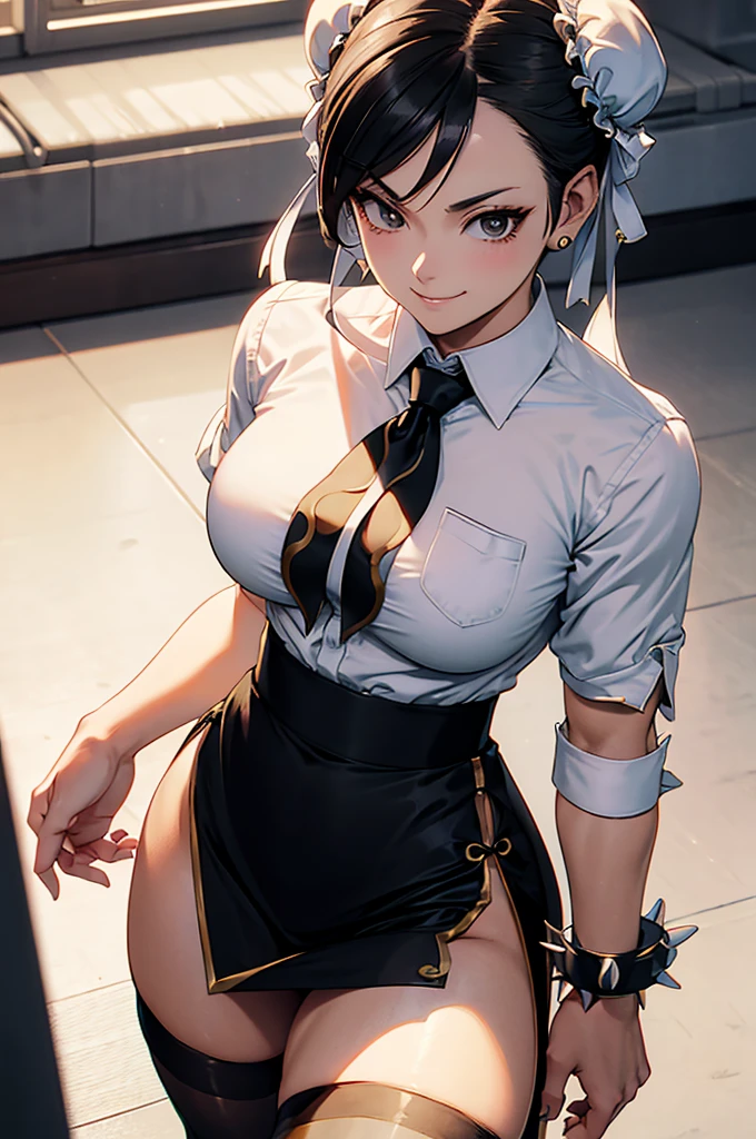 chun li, work of art, tight white secretary shirt with black tie, black high waist skirt, short skirt,stocking, black hair, black tights,evil smile,office,franja nos olhos,lighting,chifre de cabelos,view from above,olhando para cima