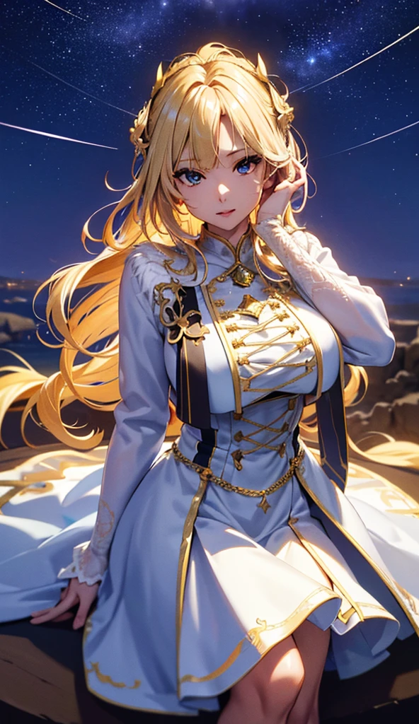 masterpiece, high quality, 4K, Beautiful design, silhouette，blonde， 非常に詳細な夜のStarry Sky,Glass Kingdom，Glass World，Glass Castle， wonderful, Finer details,  Very knowledgeable woman, Highly detailed solo, 1 female,Big Breasts， Pure white dress，Night view，Starry Sky，