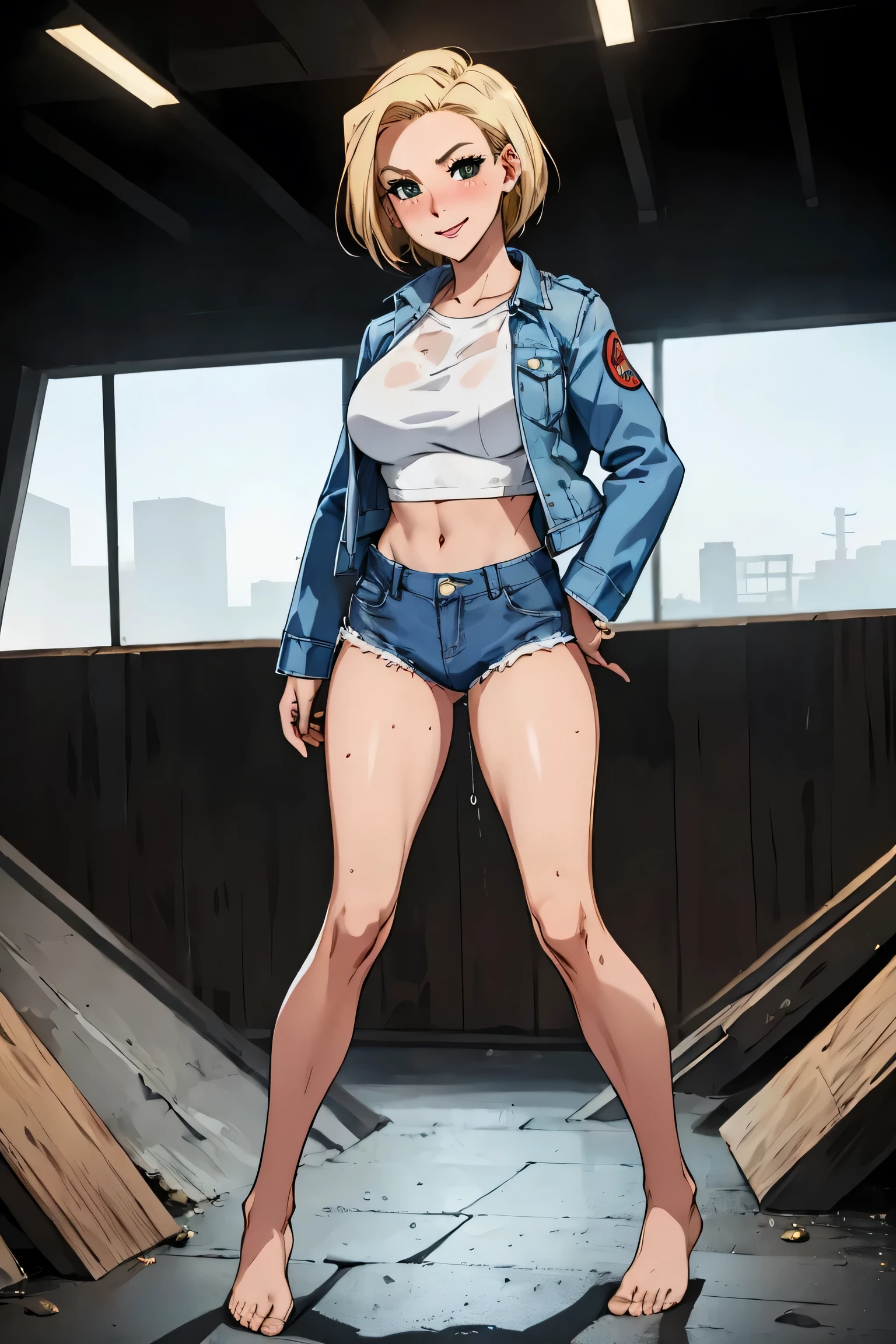 full body, barefoot, standing, Hyper detailed image, UHD, 16k, professional photo, (Realistic photo of Android-18 From Dragon Ball Z) girl Goddess of beauty, very straight short blonde hair, serious face expression, ((she wears a blue denim jacket and a cropped white shirt, short white underground showing flesh of the breast)), transparent panties, blonde( panties showing ) smile, closed mouth and happy, looking at viewer, blush with sweat on her body, her wet body,