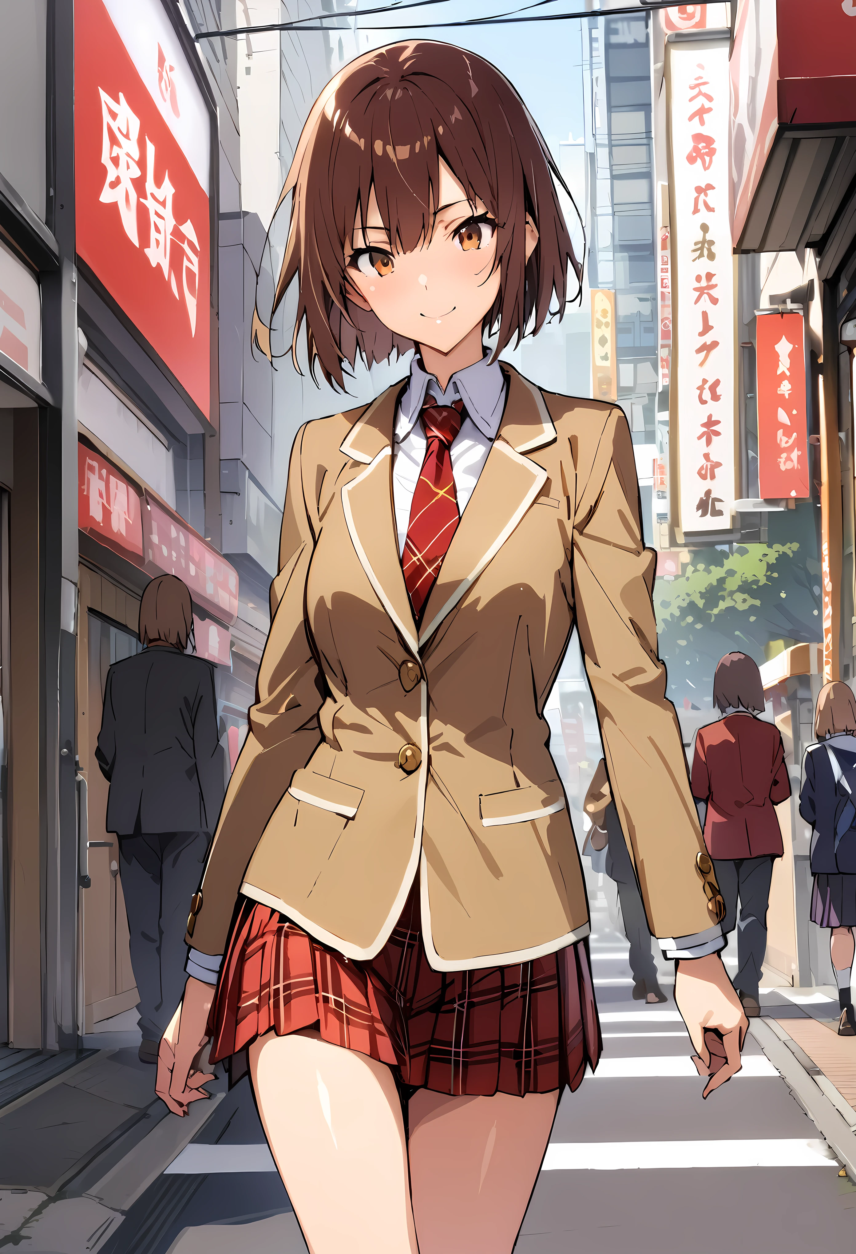 takeda hiromitsu style, (((masterpiece, highest quality,absurdres))),cowboy shot,20 year old beauty,solo,((very small head)),short bob hair,bangs,dark brown hair,brown eyes,smile,medium breasts,((very long body)),((slender body)),skinny,gleaming skin,shiny skin, ,(School uniform、brown blazer jacket、Red ribbon tie、Red checkered pleated mini skirt),on street,Tokyo、