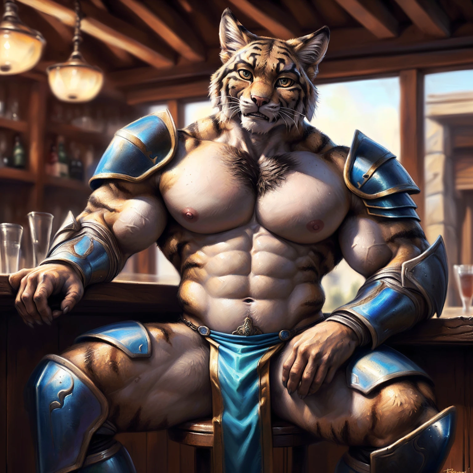 (((((Tabaxi)))) (dungeons & dragons), ((loincloth)), ((((armor)))), (((exposing chest))), hatless, (((showing pecs))), (((((open chest))))), manly, virile, male, solo, adult, nipple focus, nipples, detailed muscles, (big bodybuilder body), (big muscular male), (detailed muscular oblique), (muscular v-cut), (wide muscular shoulder), (detailed muscular butt), (detailed muscular thighs), (detailed muscular abs), ((((huge muscular pecs)))), (big muscular biceps), detailed face, beautiful eyes, closed mouth, (happy face), sitting in stool, bar counter behind, tavern background, looking at viewer, by bruteandbrawn, by personalami, by kenket, (intricate, high detail, film photography, soft focus, RAW candid cinema, photorealism, realistic, photorealistic, analog style, subsurface scattering, masterpiece, best quality, ultra realistic, 8k)