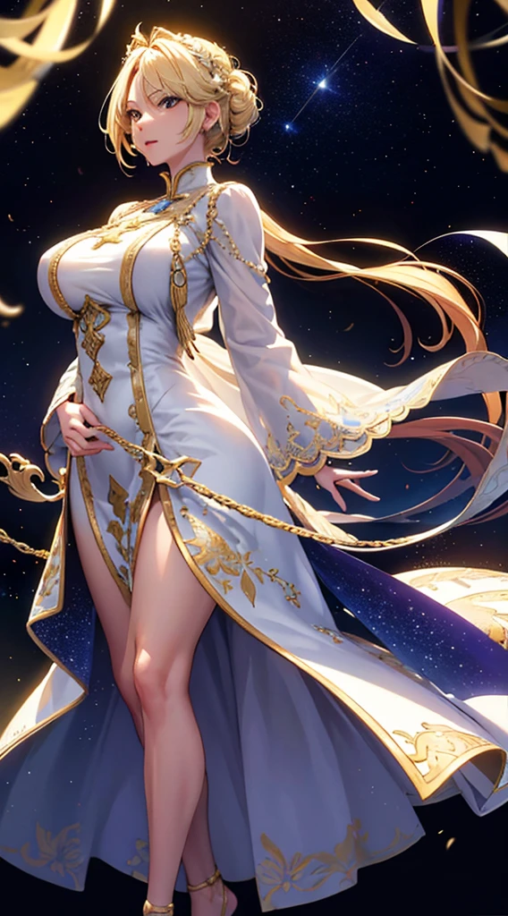 masterpiece, high quality, 4K, Beautiful design, silhouette，blonde， 非常に詳細な夜のStarry Sky,Glass Kingdom，Glass World，Glass Castle， wonderful, Finer details,  Very knowledgeable woman, Highly detailed solo, 1 female,Big Breasts， Pure white dress，Night view，Starry Sky，