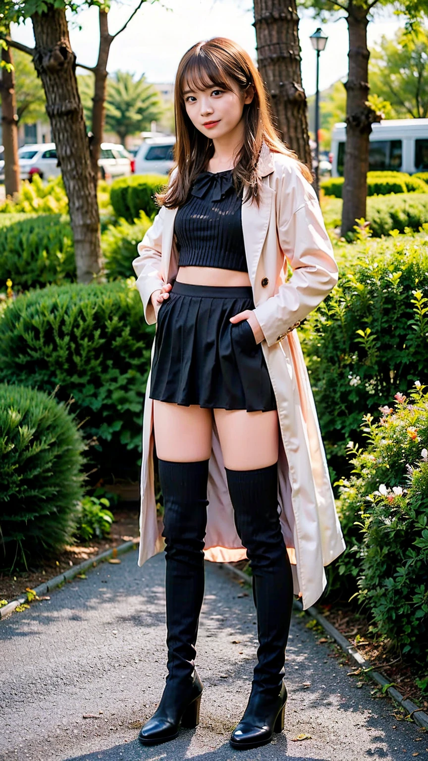 (8k、RAW Photos、highest quality、masterpiece:1.2)、(Realistic、Realistic)、1 girl、((garden、Pink Coat、Black ribbon on chest、mini skirt、Frills、Knee socks、boots、See-through、Standing with hands on hips))、