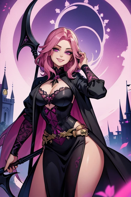 A pink haired woman with violet eyes and an hourglass figure in a warrior outfit is smiling with a scythe in her hand in a gothic castle