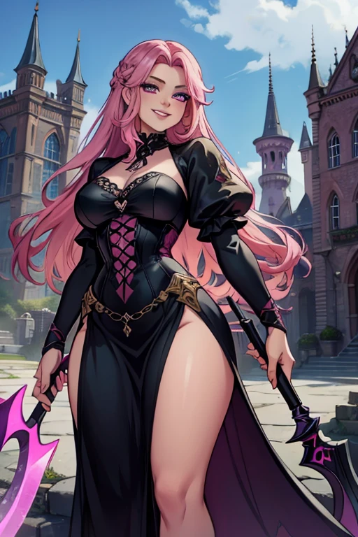 A pink haired woman with violet eyes and an hourglass figure in a warrior outfit is smiling with a scythe in her hand in a gothic castle