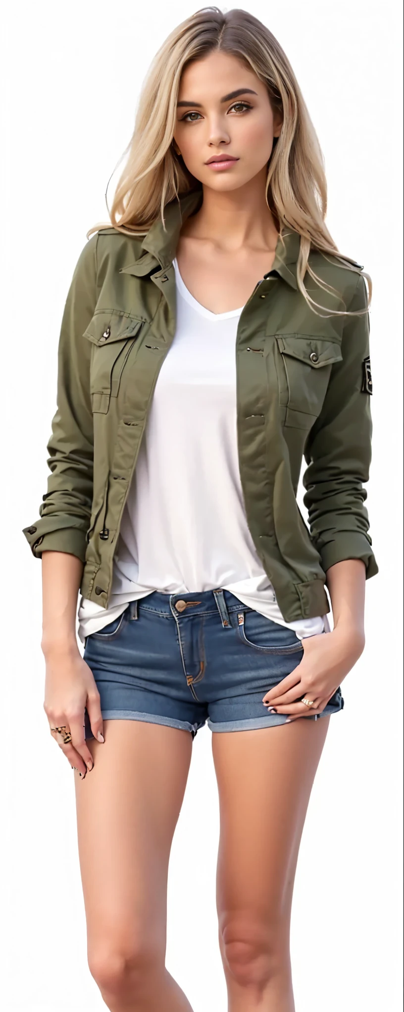 uma mulher de camisa branca e jaqueta verde posando para uma foto, vestindo jaqueta verde, vestindo uma jaqueta jeans, vestindo jaqueta, jaqueta curta, camisa cropped com jaqueta, jaqueta sobre o tronco nu, roupas verdes casuais, estilo de roupa casual, a bomber jacket and pants, Jaqueta jeans, with hands in pockets, army clothes, Jaqueta cinza, hands in pockets