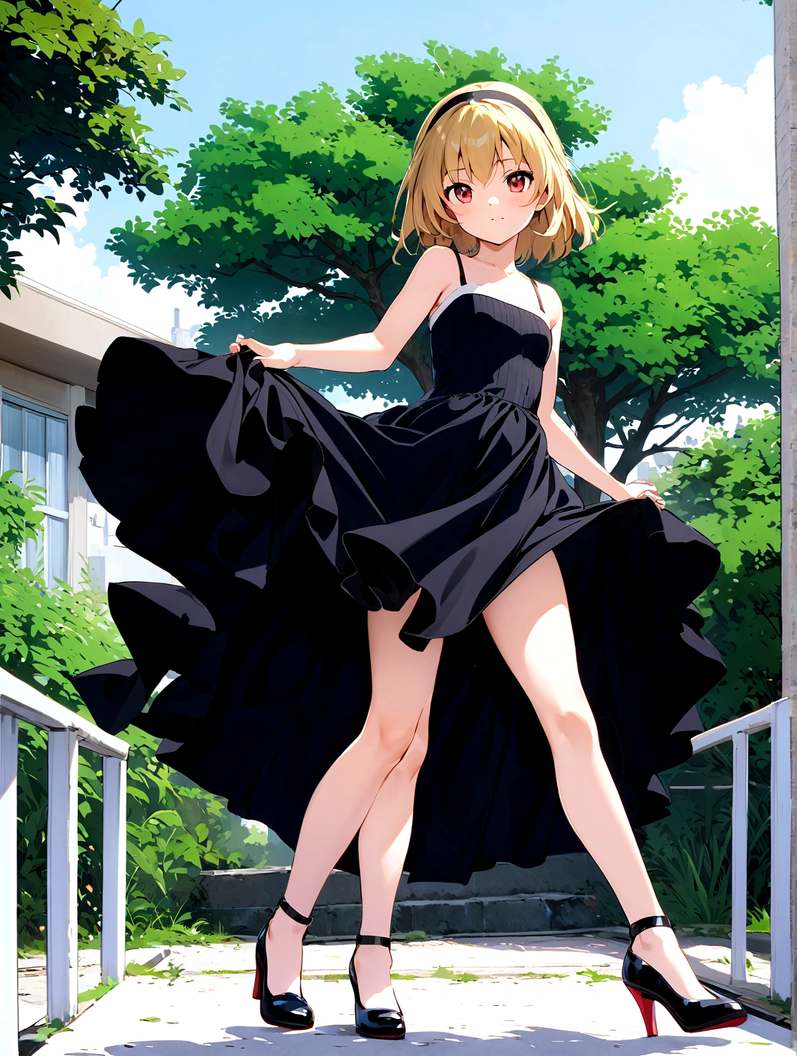 (houjou_satoko), 1girl, (blonde hair), red eyes, short hair, hairband, small breasts,11 years old, solo, looking at viewer, dress, brown eyes, standing, full body, outdoors, shoes, black footwear, black dress, high heels, tree, wind, 