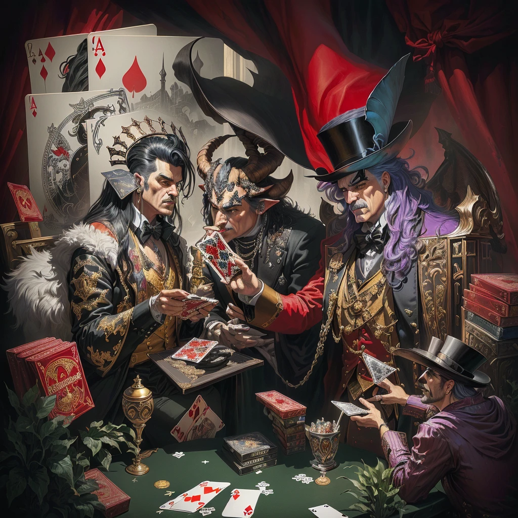 Painting of a man in a top hat and the devil, playing cards, piece of art, album art, detailed cover piece of art, album piece of art, card game illustration, official piece of art, Dave Arredondo, Wayne England, Board game cover, album, Epic fantasy art card game, satirical painting, "Pig, 1 9 8 0's heavy metal album art