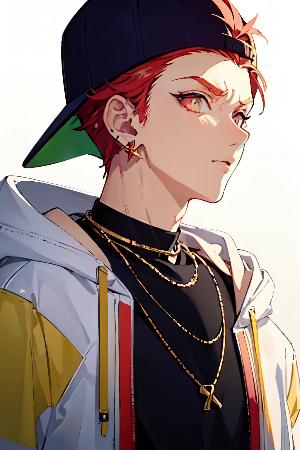 (best quality:1.1), (masterpiece:1.4), illustration, , upper body, , , , 1boy, solo, male focus, satsuki_itou, , jewelry, Earrings, , , baseball cap, hood, jacket, hoodie, High resolution