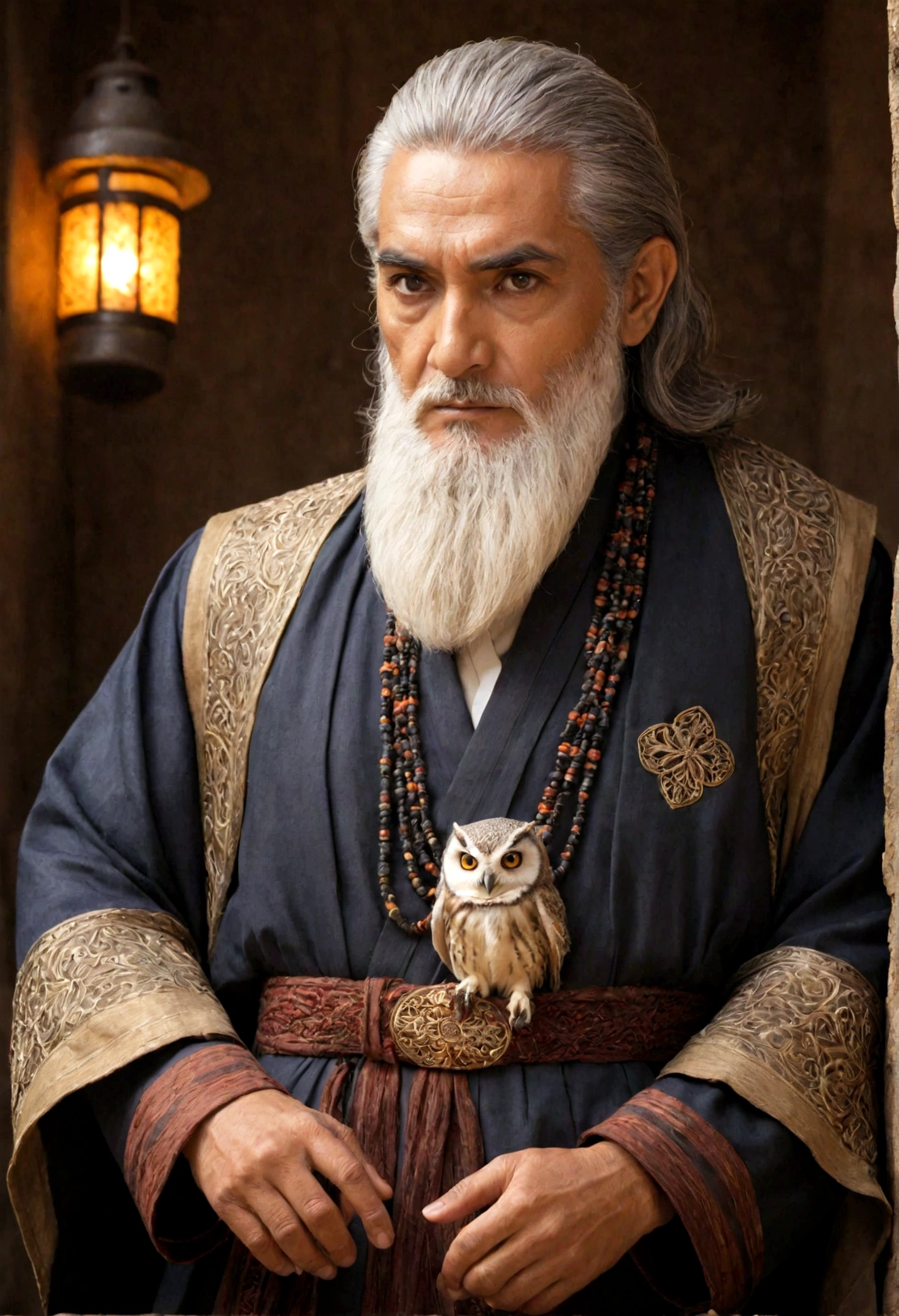 **Lord Hamit Payitaht: Zunta's Wise Owl, Architect of Secret Alliances**

**Appearance:**

Lord Hamit Payitaht, in his sixties, is a man distinguished by his wisdom and intellectual prowess. His face, marked by the passage of years, maps out deep thoughts and meticulous calculations. His eyes, a bright amber, reflect a sharp intellect and unwavering resolve. His thin, silver hair and well-groomed beard lend him a noble and sage-like appearance. He typically wears simple yet high-quality garments. His robes, adorned with traditional Zunta motifs, reflect both his adherence to tradition and his unique style.

**Personality:**

Hamit is an exceedingly intelligent, analytical, and strategic thinker. He always likes to stay a step ahead and maintain control over events. His speech is compelling and persuasive, but he also possesses a mysterious and secretive side. He can easily influence people and guide them toward his own objectives. Though he has strong leadership qualities, he usually prefers to stay behind the scenes.

**AI Art Prompt:**

Create a portrait of Lord Hamit Payitaht, a man in his sixties with an air of wisdom and intellectual depth. His face should be lined with the marks of time, reflecting deep thoughts and careful calculations. His bright amber eyes should convey sharp intelligence and unyielding determination. He has thin, silver hair and a well-groomed beard, giving him a noble and sage-like appearance. Dress him in simple, high-quality garments, with robes adorned with traditional Zunta motifs to symbolize his respect for tradition and unique style. Capture his intelligent, analytical nature, hinting at his strategic mind and preference for operating behind the scenes.
