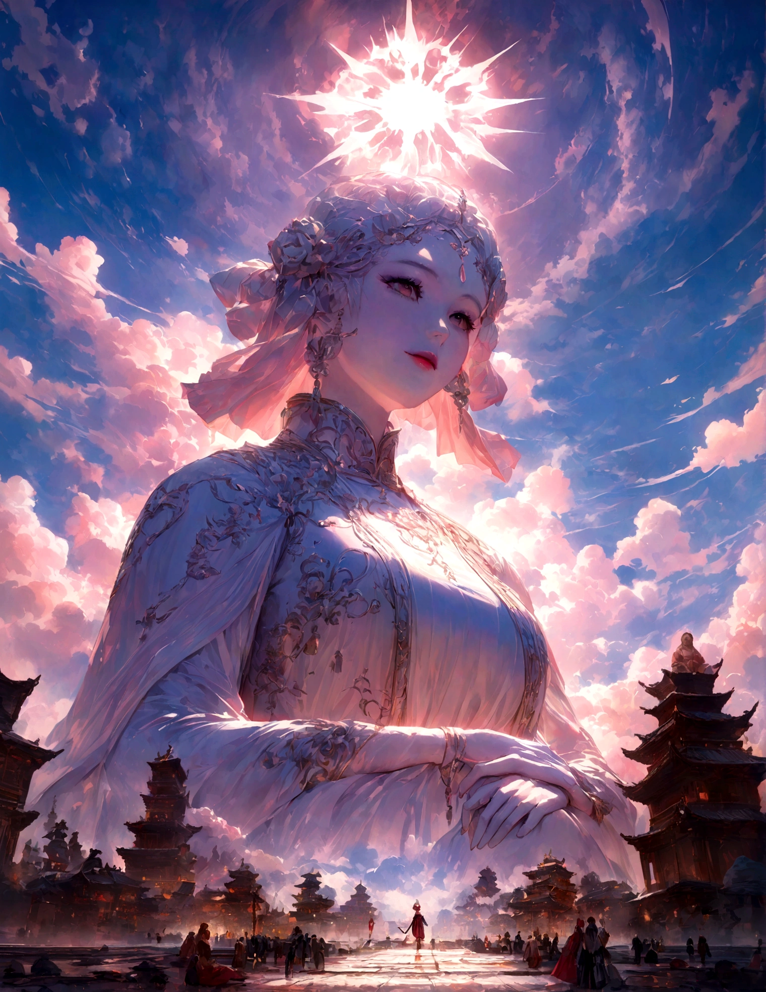 ((masterpiece)),(最high quality)),Chinese style,In the sky, The clouds form a giant transparent and shining white jade Maitreya Buddha statue,Thick Clouds,The sun shines,Pilgrims' Path,Surreal,Ultra-photorealism,pink,8k,High resolution,high quality,Masterpieces,Ultra-fine,(((OC Renderer)))