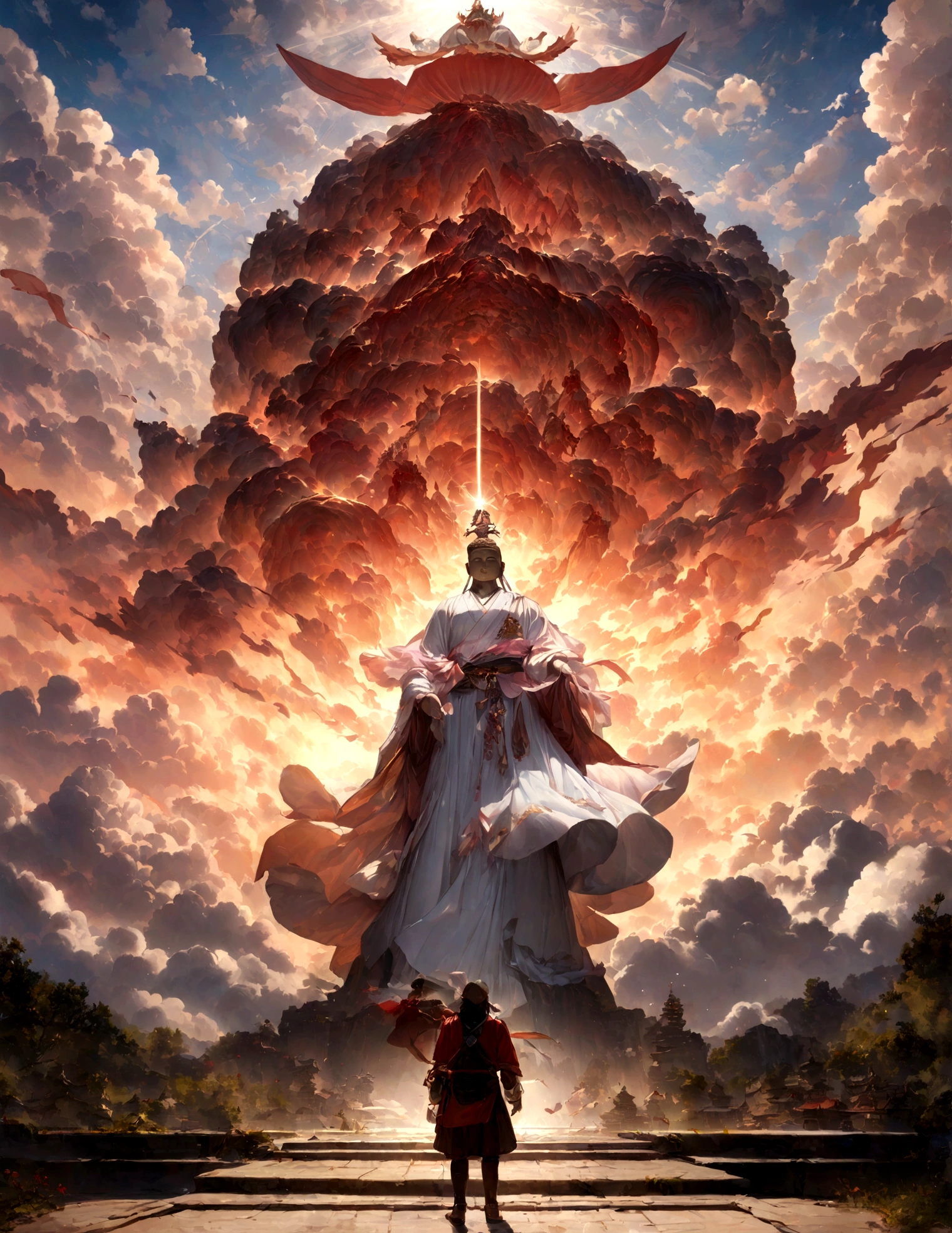 ((masterpiece))，(最high quality))，Chinese style，In the sky, The clouds form a giant transparent and shining white jade Maitreya Buddha statue，Thick Clouds，The sun shines，Pilgrims&#39; Path，Surreal，Ultra-photorealism，pink，8k，High resolution，high quality，Masterpieces，Ultra-fine，（（（OC Renderer）））