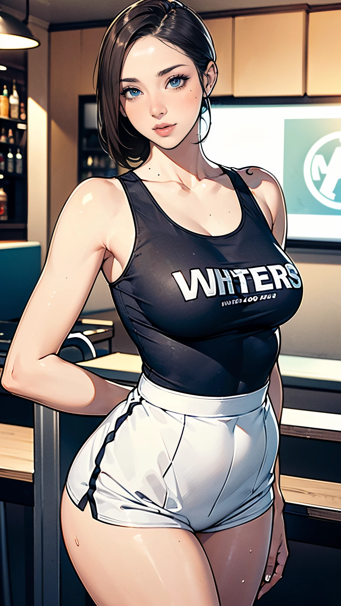 masterpiece,highest quality,Very detailed,High resolution,8k,wallpaper,Perfect lighting,BREAK(One Woman),(Mature woman working as a waiter at a sports bar:1.5),(48 years old),(hooters),(((A very form fitting white tank top:1.5))),((The tank top has the logo of a sports bar on it.:1.5)),(((Tiny shorts:1,5))),(((Very detailedなコスチュームの描画:1.5))),BREAK(Beautiful Eyes:1.5),(Detailed face drawing:1.5),(Detailed face drawing:1.5),((Very detailedな女性の手:1.5)),(Shiny skin:1.2),(Big Breasts:1.2),(Thick thighs:1.5),(Sensual body:1.5),(Sports bar background:1.5),(((Blur the background:1.5))),BREAK(((I&#39;m embarrassed:1.5)))