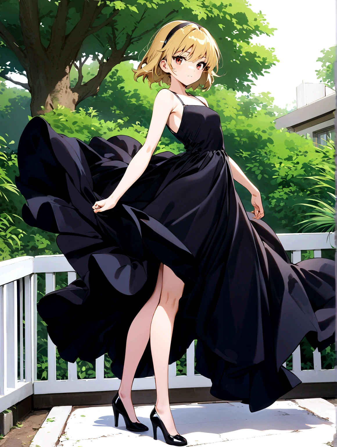 (houjou_satoko), 1girl, blonde hair, red eyes, short hair, hairband, small breasts,11 years old, solo, looking at viewer, dress, brown eyes, standing, full body, outdoors, shoes, black footwear, black dress, high heels, tree, wind, 