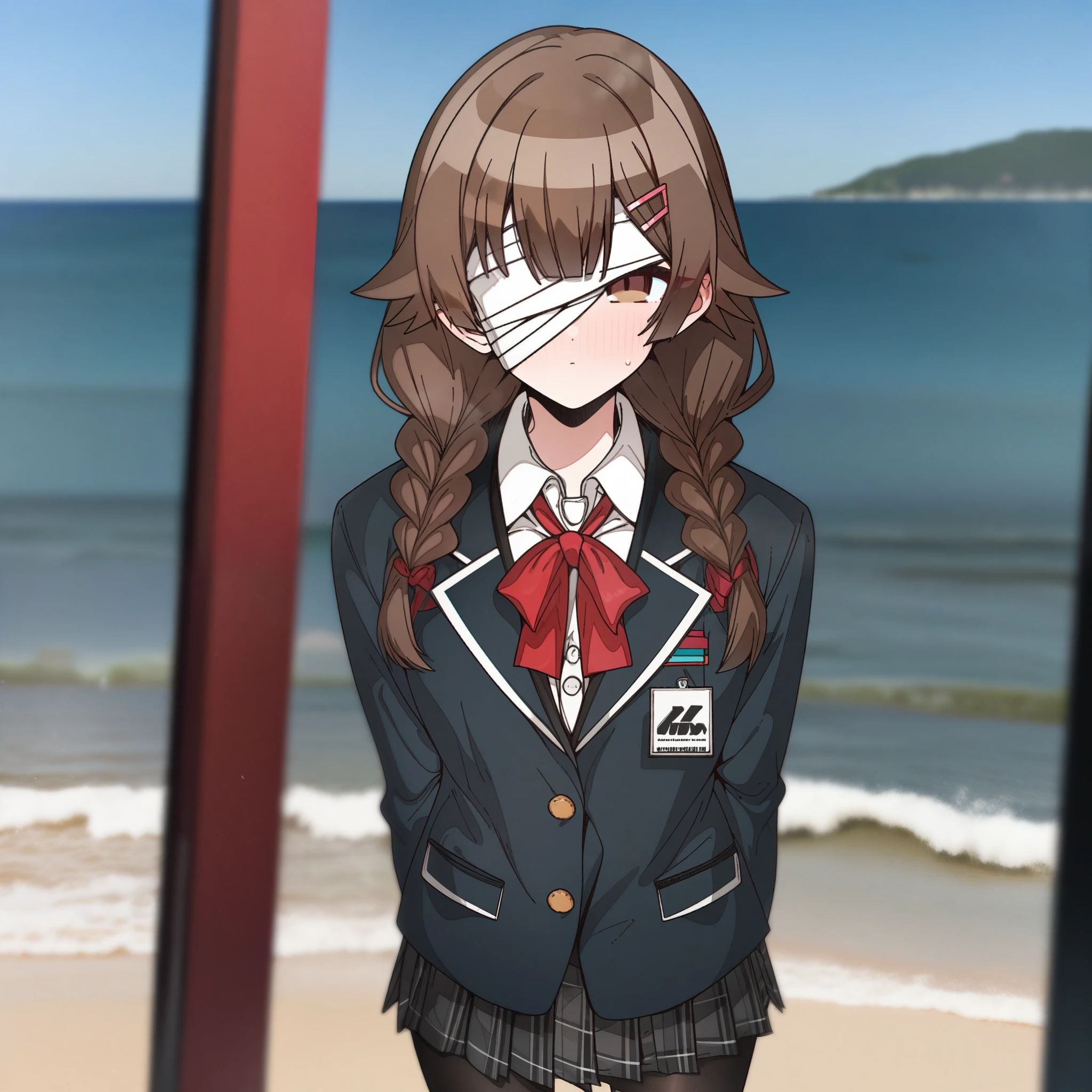hoshino_(blue_archive) with brown hair and brown eyes, Artist, erere, Copyrights, idolmaster, idolmaster_shiny_colors, Character, General, 1girl, brown_hair, blunt_bangs, blush, medium_breasts, breasts, detailed eyelashes, beautiful girl:1, brown_eyes, censored, school_uniform, black_pantyhose, pleated skirt:1.2, blazer, hair_clip, twin_braids, red tie, medium shot photography:1.1, standing in middle:1.1, sea, sky:1.5, half-closed_eyes, detailed, outdoors, looking_at_viewer, masterpiece, best_quality, great_quality, girl, solo, center_composition, centered character, cute, (bandages_over_one_eye, bandages, bandaged_head),