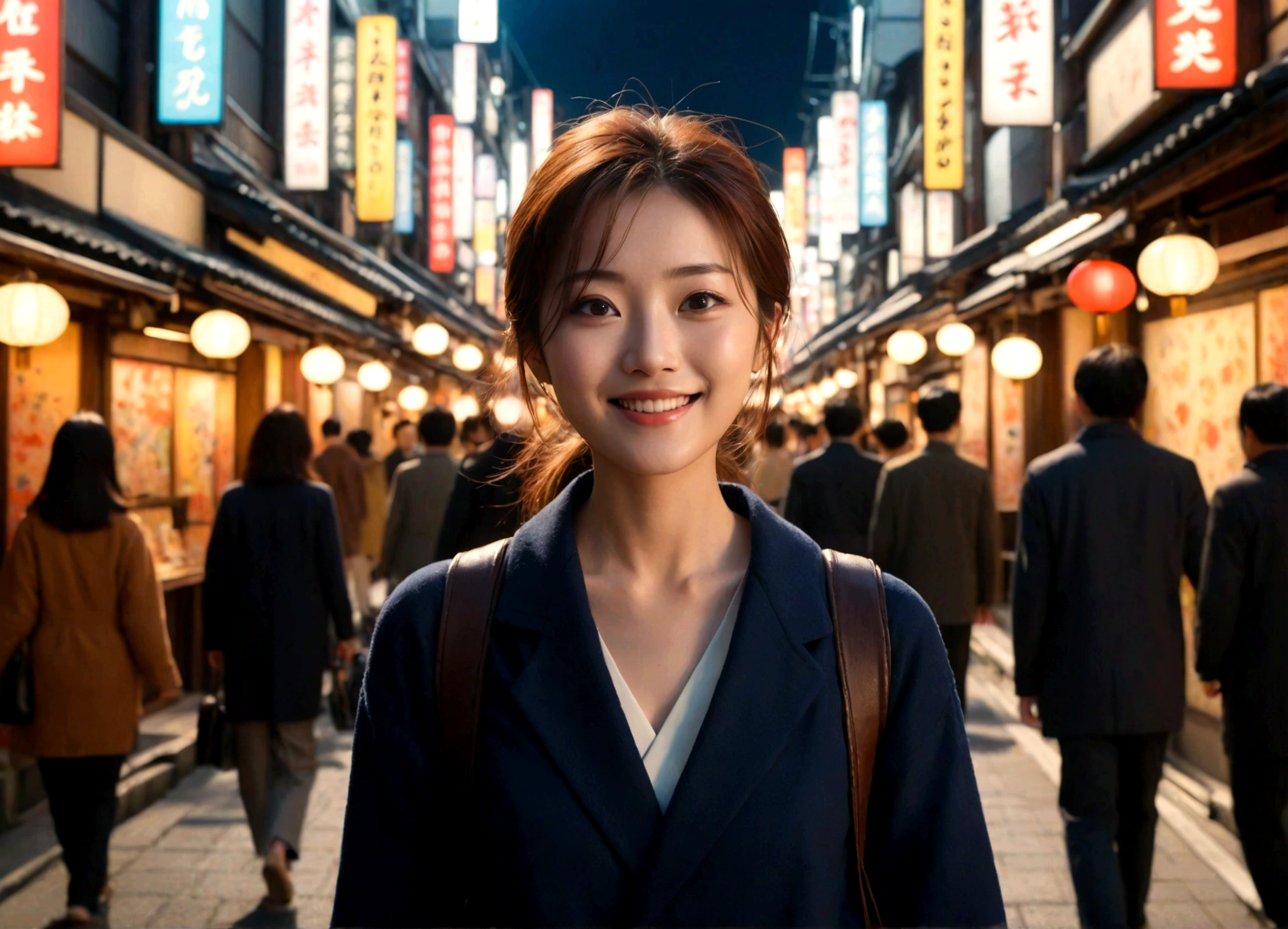 Woman walking in crowded streets of luxurious Japan, upbeat music playing in the background, Followed perspective, vibrant and energetic atmosphere, night sunlight reflecting, (happy face), cinematic film shot in 70mm, depth of field, vivid colors, , (8k, ARTISTIC photography, best quality, masterpiece: 1.2), , SLR camera, soft lighting, high quality, film grain, cinematic lighting, photonic display, brightness, physically rendered photo, extremely high-quality graphics, over-detailed face, (smoother lighting:1.05), (increase cinematic lighting quality:0.9), A view,
