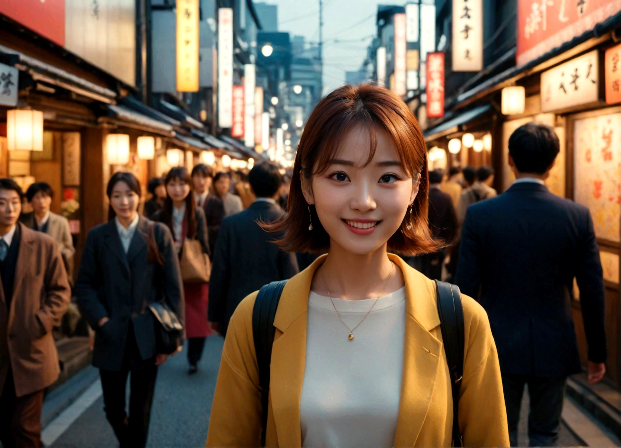 Woman walking in crowded streets of luxurious Japan, upbeat music playing in the background, Followed perspective, vibrant and energetic atmosphere, night sunlight reflecting, (happy face), cinematic film shot in 70mm, depth of field, vivid colors, , (8k, ARTISTIC photography, best quality, masterpiece: 1.2), , SLR camera, soft lighting, high quality, film grain, cinematic lighting, photonic display, brightness, physically rendered photo, extremely high-quality graphics, over-detailed face, (smoother lighting:1.05), (increase cinematic lighting quality:0.9), A view,