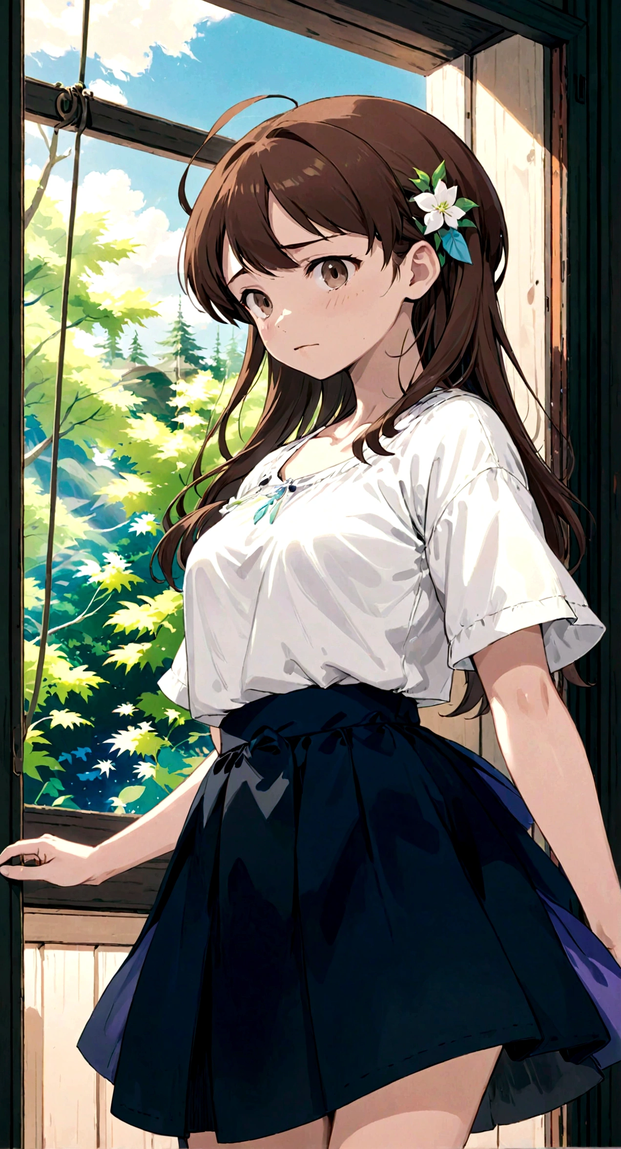 Low - Angle、Long skirt、強WindでHolding the flipping skirt with your hand、強WindでWhite cotton pantiesが見えている、:((Holding the flipping skirt with your hand))Low - Angle8Kで、highest quality、masterpiece、Ultra-detailed、Ultra-high resolution、Anime Style、1. High school girl、強Wind、((Holding the flipping skirt with your hand))、(impatient)White cotton panties:1.5), (Wind:1.25), (highest quality:1.0), (masterpiece:1.0), (Ultra-fine illustrations:1.0), ネイビーブルーのLong skirt、
、Lined、