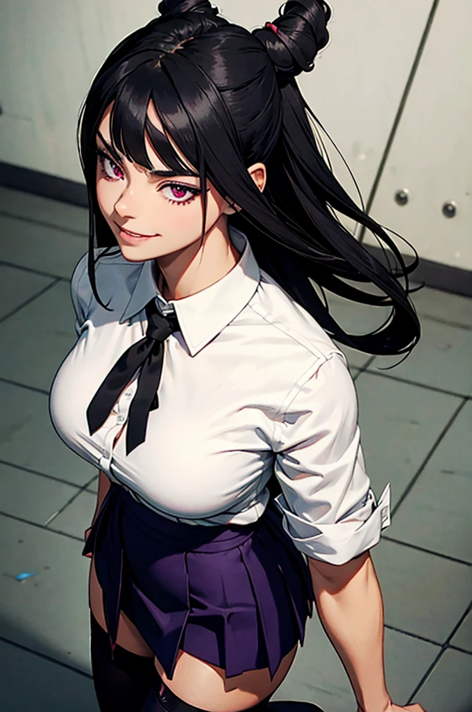 juri han, work of art, tight white secretary shirt with black tie, black high waist skirt, short skirt,stocking, black hair, black tights,evil smile,office,franja nos olhos,lighting,chifre de cabelos,view from above,olhando para cima