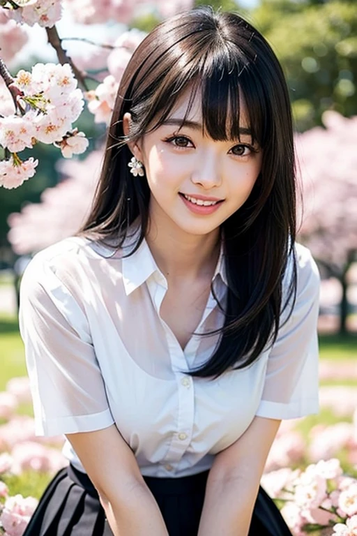 (SFW:1.8、masterpiece, highest quality),1 girl, alone, hyper Realistic, Realistic,Realistic, Looking at the audience, Bright black eyes:1.4,Mouth closed, whole body、Big breasts eye、eyelash、(((Beautiful and cute bangs:2、Big breasts eye、Long black hair、Glowing Skin:1.4、Looking at the audience、She is very 美しい and cute、Show me your ears、Beautiful long neck、smile、Please close your mouth and laugh、Bangs and beautiful teeth)))、Ideal body type、((school、Uniform beauty、Cherry blossom tree background))、Beautiful long neck:1.4、((Transparency、clear、Transparent beauty、Gloss))、whole body画像、black pleated skirt、Knee-length、White shirt、Black pumps、