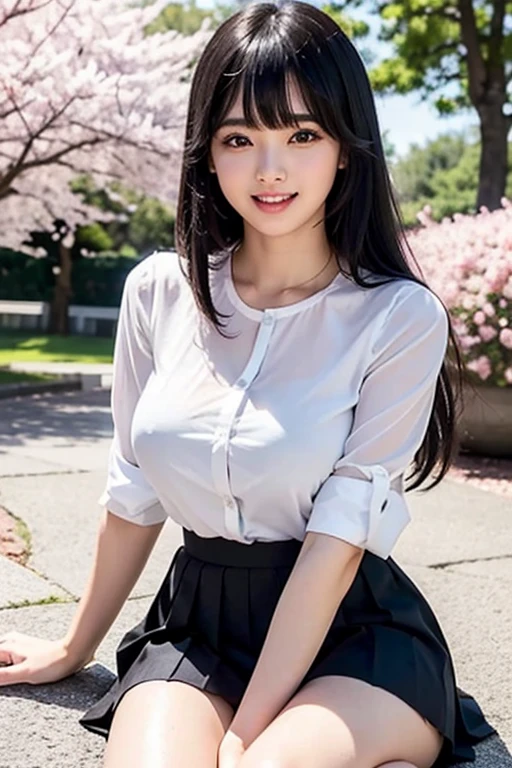 (SFW:1.8、masterpiece, highest quality),1 girl, alone, hyper Realistic, Realistic,Realistic, Looking at the audience, Bright black eyes:1.4,Mouth closed, whole body、Big breasts eye、eyelash、(((Beautiful and cute bangs:2、Big breasts eye、Long black hair、Glowing Skin:1.4、Looking at the audience、She is very 美しい and cute、Show me your ears、Beautiful long neck、smile、Please close your mouth and laugh、Bangs and beautiful teeth)))、Ideal body type、((school、Uniform beauty、Cherry blossom tree background))、Beautiful long neck:1.4、((Transparency、clear、Transparent beauty、Gloss))、whole body画像、black pleated skirt、Knee-length、White shirt、Black pumps、