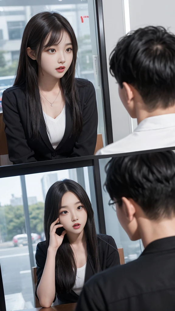(high quality), (NSFW:1.2), split screen, A delinquent, mature high school girl and a Korean adult man enjoying a smartphone chat app, Her smartphone display shows a number of Korean adult men chatting to a high school girl., Their chat language is English, Men are waiting for her response, popup window, And there's a man, This man is requesting a chat with her on the smartphone screen. Chat takes place alternately between women and men..