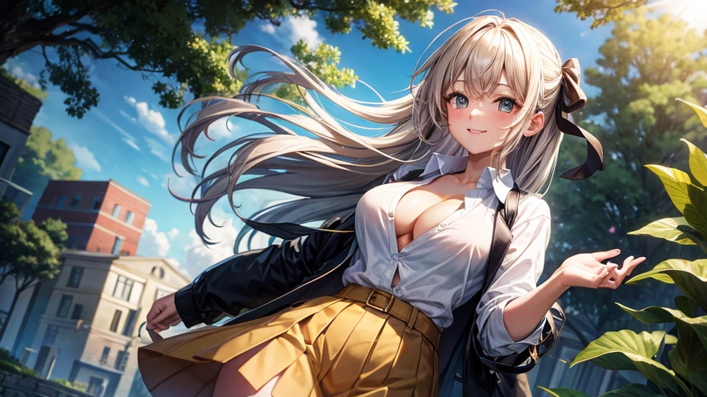 1girl, full body, solo, summer, village, trees, sun, clouds, ((colorful hair)), large breasts, ((black blazer)), button down shirt, ((white shirt)), ((short sleeved shirt)), ((unbuttoned shirt)), unbuttoning buttons, cleavage 1:3, brown eyes, skirt, smile, looking at the viewer, standing, hair ribbon, golden necklate